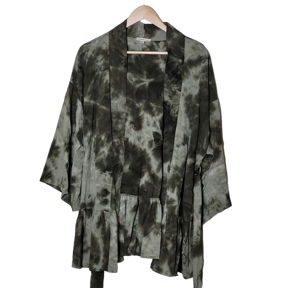 Olive Green Drop Shoulder Tie Dye Boho Open Kimono Lightweight Jacket Robe - Picture 3 of 11